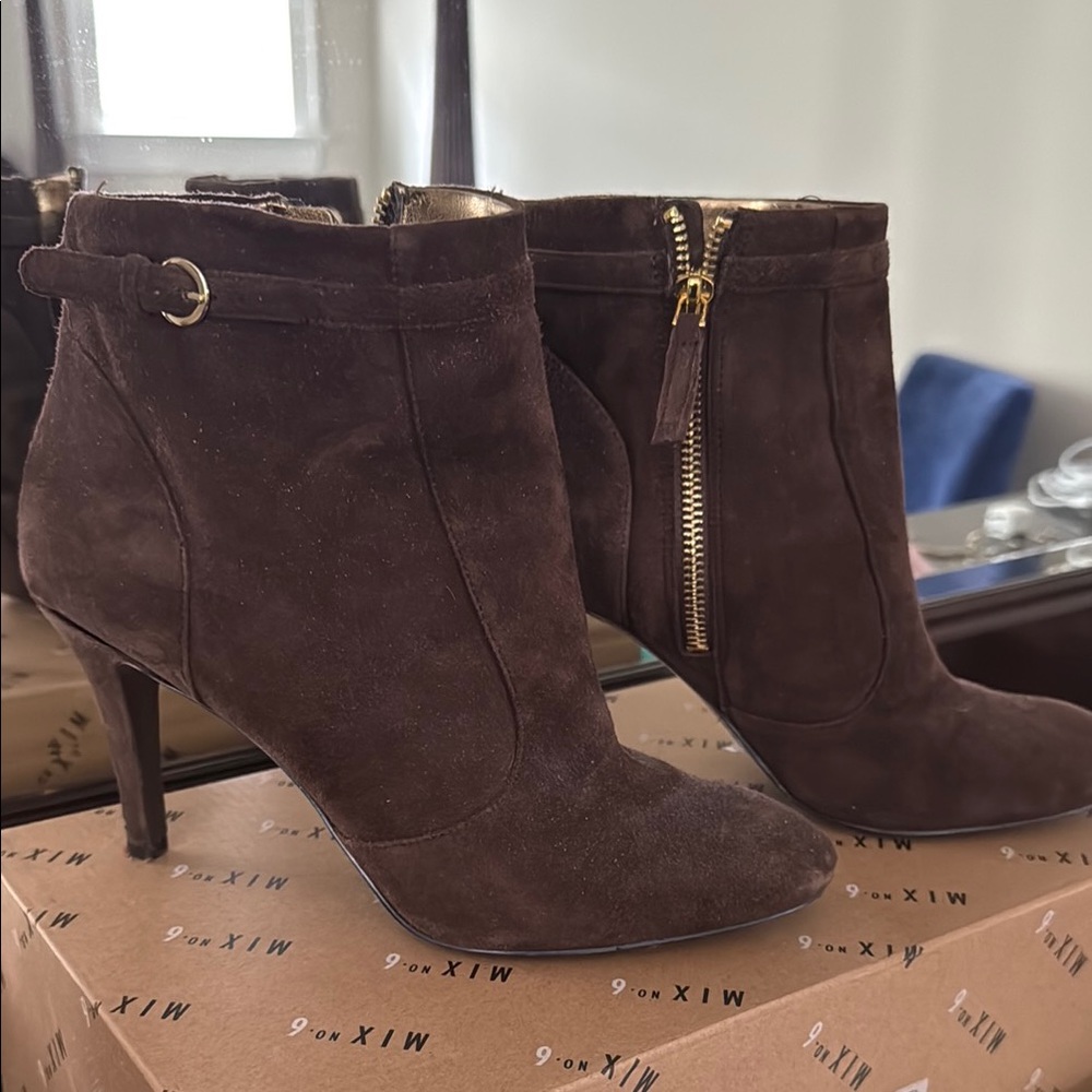 Nine West Brown Suede Ankle Booties with Slim Heel